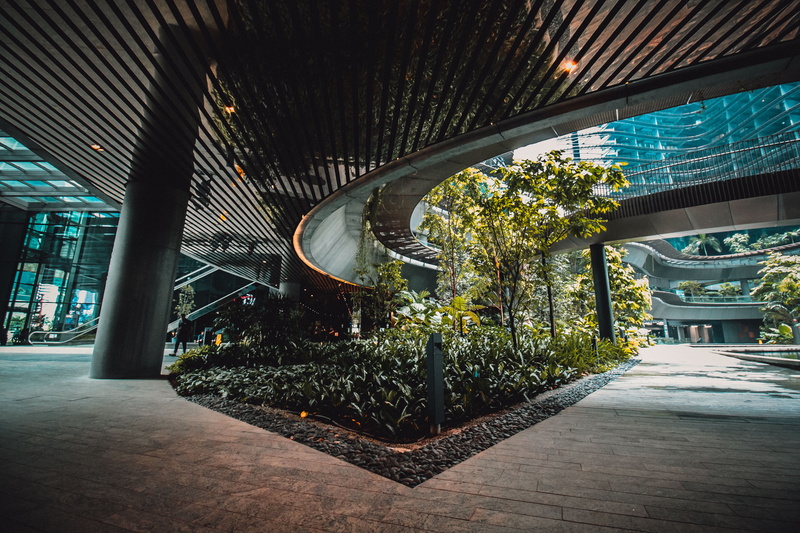 building, singapore, empty, ceiling, plant, pavement, canopy, awning, no people, walkway, footpath, illuminated, marina one office, sidewalk, absence, bridge