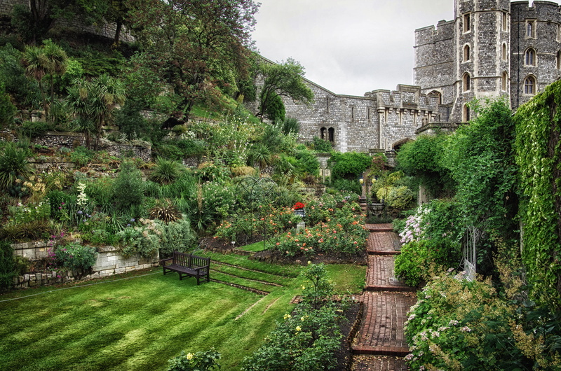 4K, shrub, gray, summer garden, track, England, beige, shop, castle, plants, trees, flowers