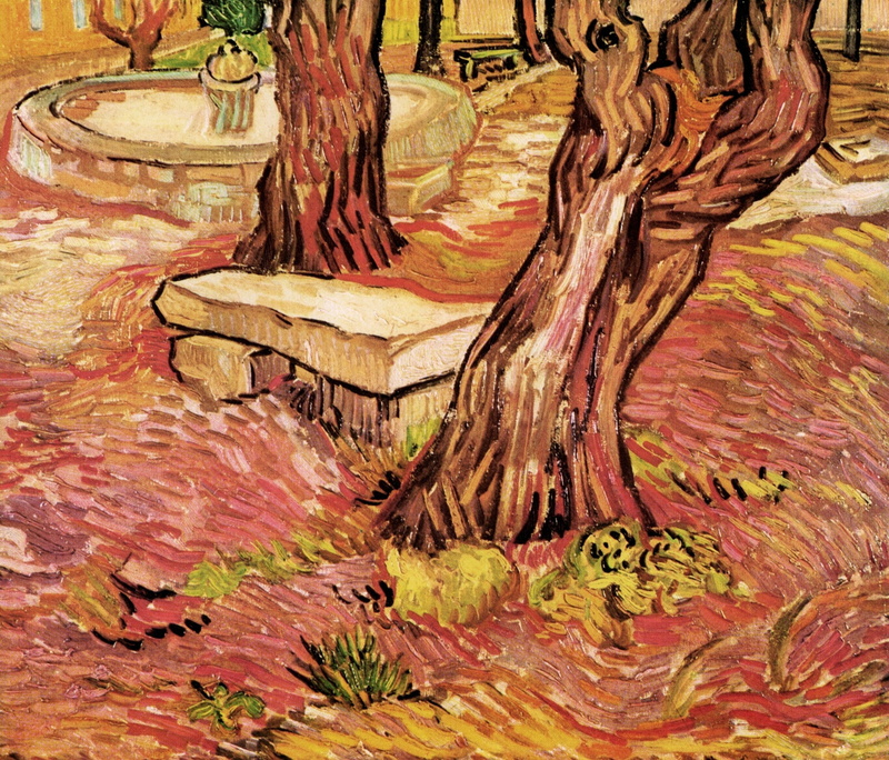 2K, shop, of Saint-Paul Hospital, two trees, fountain, in the Garden, The Stone Bench, Vincent van Gogh