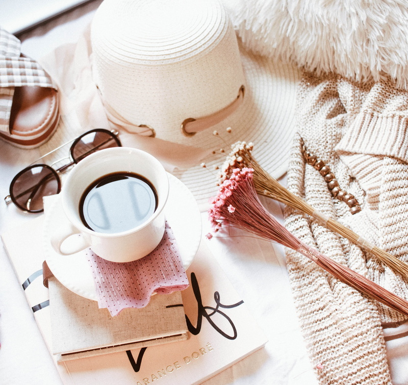 hat, flower, sunglass, bohochic, coffee cup, table, near, food, white, closeup, bed, chic, pink, 2K, hot drink, drink, teacup, indulgence, bright, mug