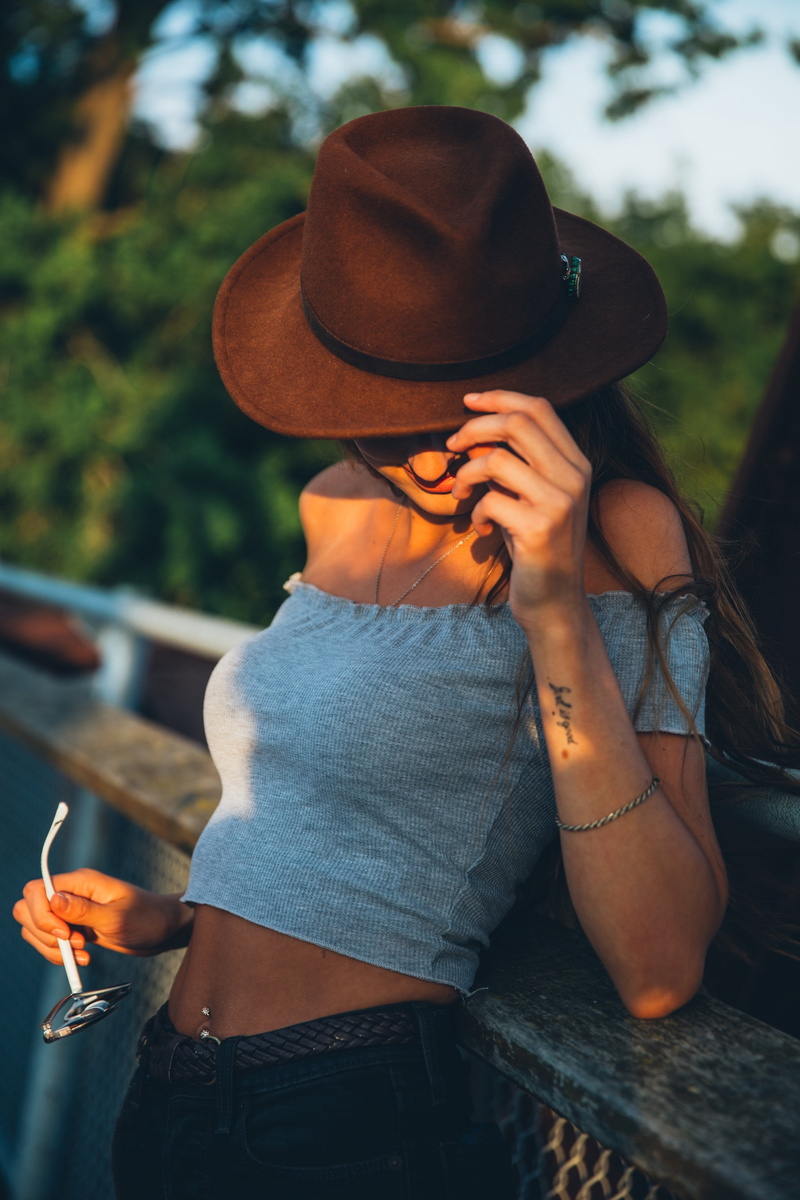 4K, focus on foreground, real people, clothing, looking, front view, summer, Hat, photo, Fashion, one person, three quarter length, sun hat, young adult