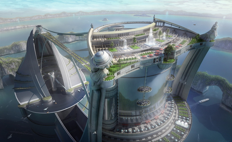 outdoors, city, nvidia art, building exterior, high angle view, high, universe, sea, hd, architecture, Artistic, day, travel, metal, 3D, transportation