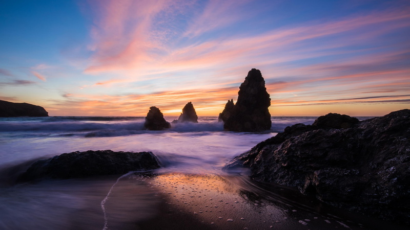 solid, beach, beauty in nature, 4K, eroded, stack rock, sea, horizon over water, horizon, motion, sunrise, marin county, rock formation, rock, long exposure