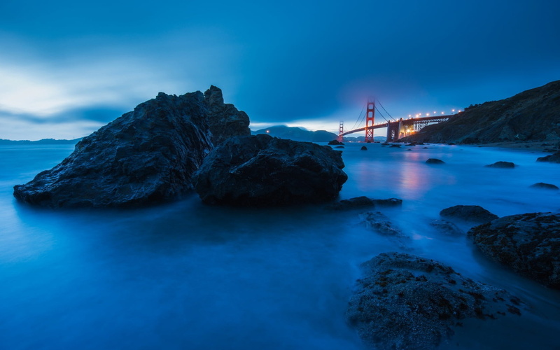 water, travel Destinations, dusk, architecture, wave, travel, body, scenics, bridge - Man Made Structure, sky, night, red, bridge, san Francisco County