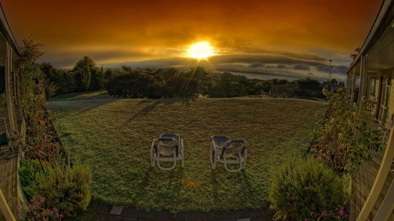 grass, nature and landscapes, trees, chairs, sunset, view, glory, nature, backyard, clouds, 1080P, fantastic