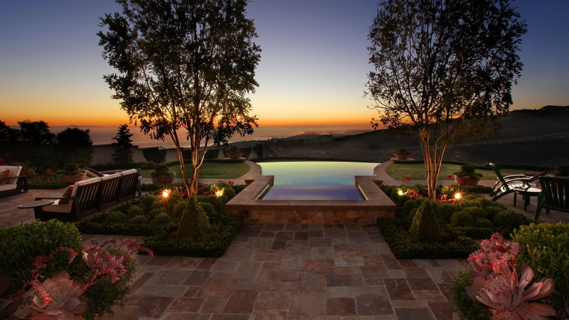 garden, wonderful, 1080P, backyard, trees, pool, dusk, leaf, green, nature and landscapes