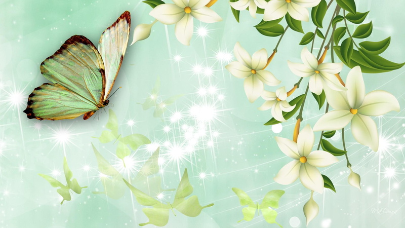 green, delicate, butterflies, 1080P, flowers, animals, stars, sparkles, butterfly, summer, ever, fresh, spring
