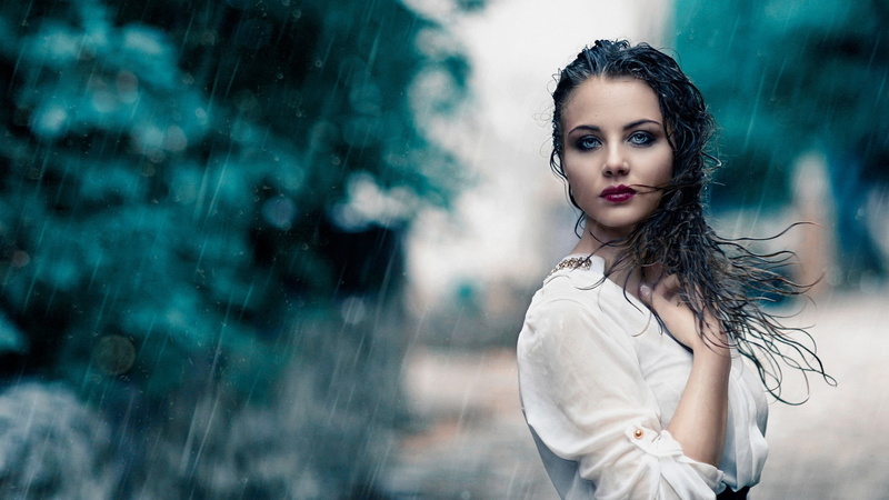 wet, rain, long hair, bokeh, eyes, hair, nature, blue, white clothing, wet hair, women, clothing, long, white, 1080P, wet clothing, blue eyes