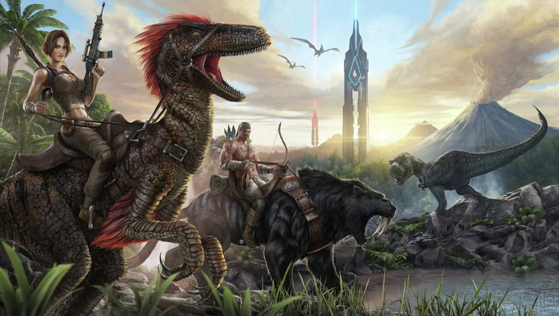 water, mammal, vertebrate, no people, animal wildlife, ARK: Survival Evolved, animal themes, tree, sunset, group of animals, medium group of animals, nature