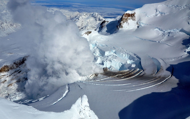 eruption, frozen, scenics - nature, covered, nature, mountain peak, snowcapped mountain, cold temperature, geology, snow, vapor, volcano, no people, beauty in nature