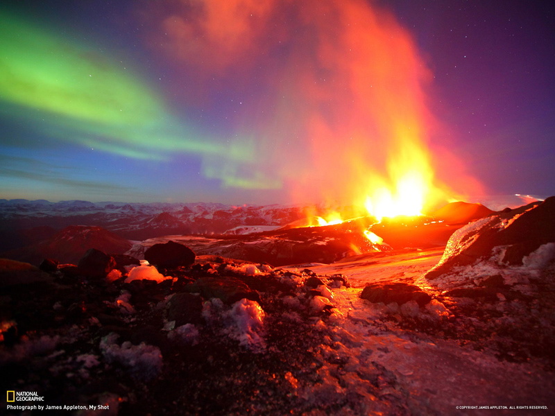 borealis, lights, volcano, 720P, photo, nature, northern, hd, fire, national, geographic, aurora, lava