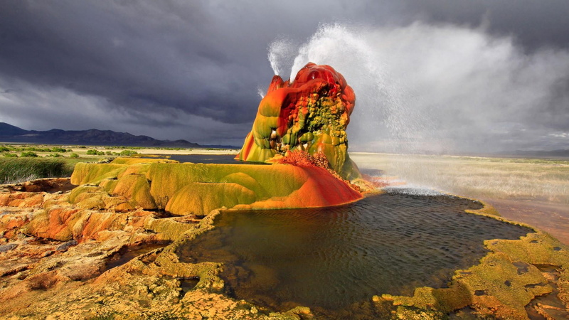 landscape, nature, volcanic crater, outdoors, solid, power in nature, fly geyser, environment, travel, erupting, cloud - sky, 1080P, geology, land, water