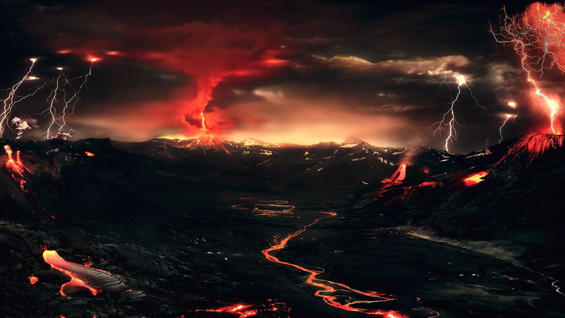 mountains, lights, lightning, volcano, 1080P, storm, lava, night