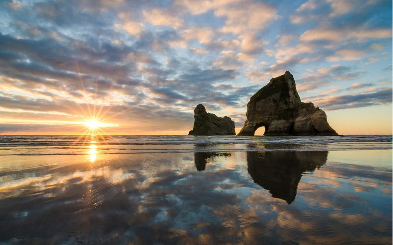 reflection, water, Golden Bay, sea, sky, rock, nature, scenics - nature, 1080P, waterfront, idyllic, tranquil scene, New Zealand, tranquility, sunlight