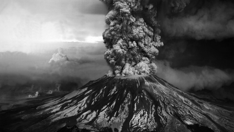 monochrome, nature, day, 1080P, physical geography, ash, power, active volcano, sky, geology, pollution, burnt, mountain peak, power in nature, volcano