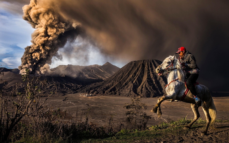 sky, volcano, travel, cloud - sky, people, nature, tree, camouflage, smoke - physical structure, men, non-urban scene, environment, volcanic landscape