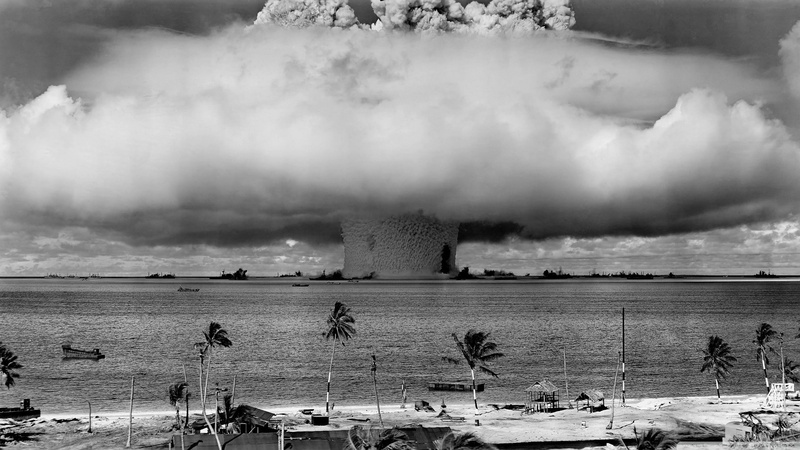 atomic bomb, monochrome, mushroom clouds, 2K