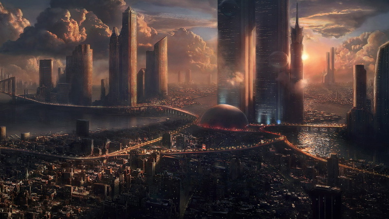 futuristic city, place of worship, futuristic, building, contemplation, digital, architectural column, ruined, science fiction, built structure