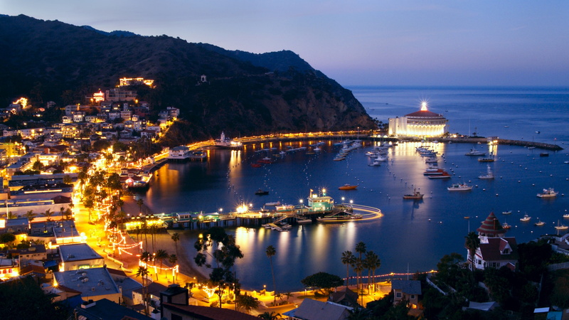 5k, water, lights, city, 4K, body, sky, California, photography, mountains, Santa Catalina Island, ocean, night, aerial