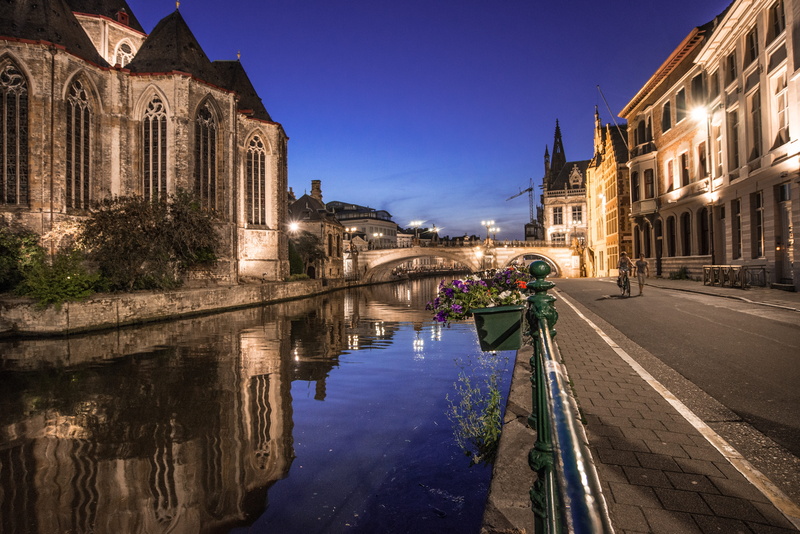 landmark, building exterior, belgium, night, canal, medieval, old, water, travel, nature, 5K, built structure, town, concrete, street, city, reflection
