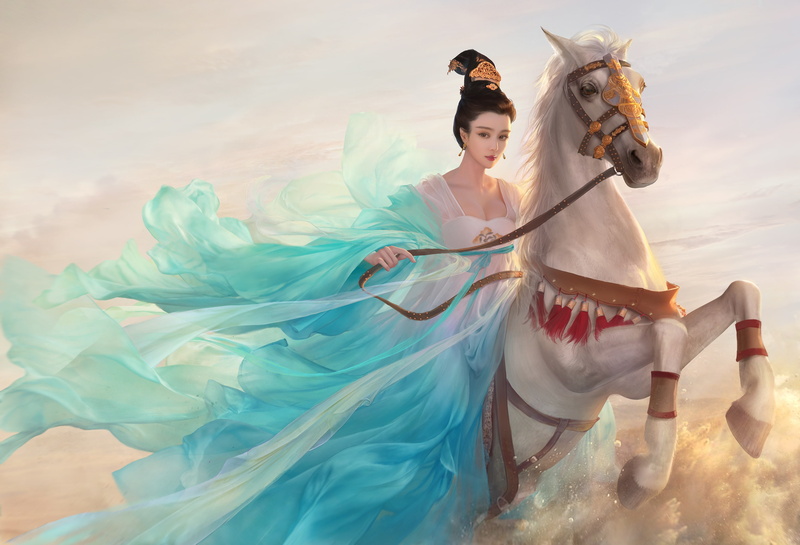 2K, Artwork, dress, white, horse, digital, wallapper, White horse, blue, woman, Princess, riding, Fan Bingbing