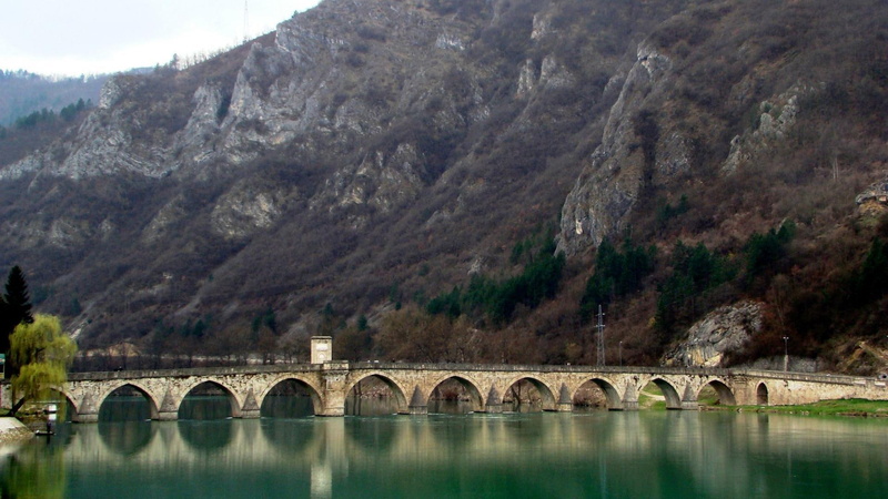 bridge, book, mountains, white, also, arches, 1080P, river, great, nature and landscapes, concrete, drina