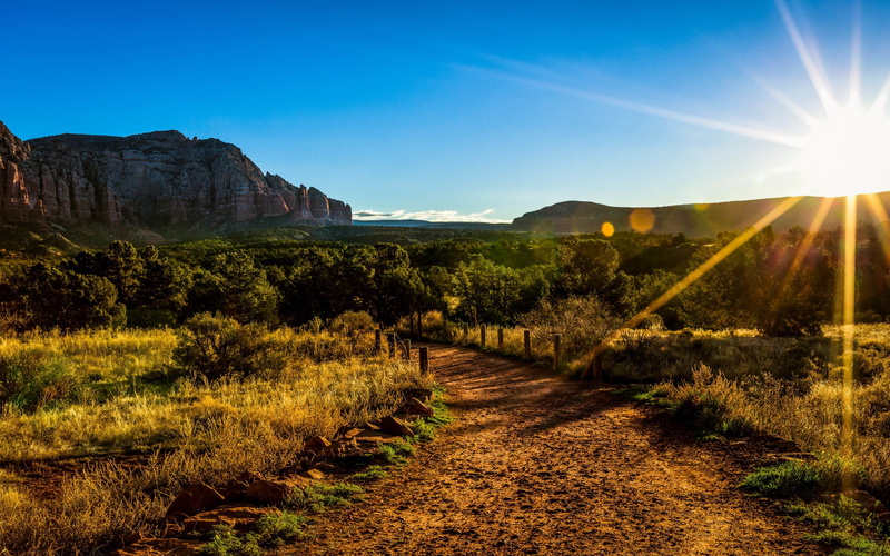sun, photo, The Sun Also Rises, trees, 2K, also, rises, mountains, formation, rock, Arizona