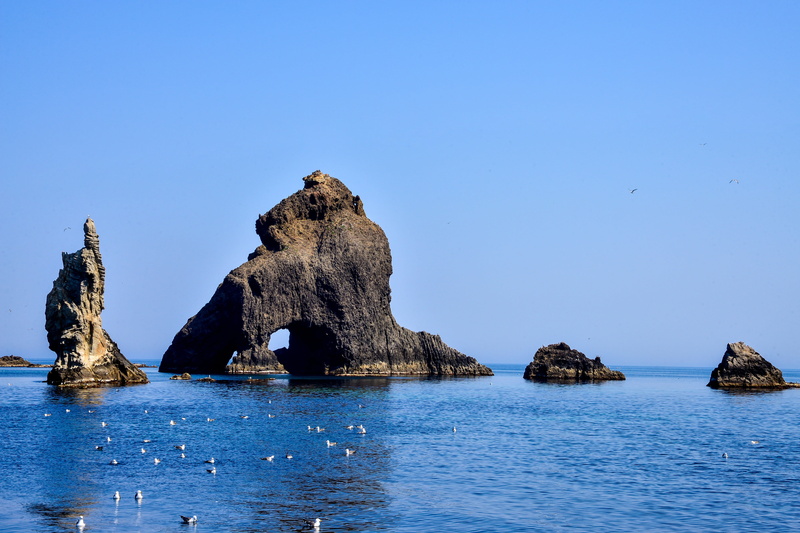 stack rock, dokdo seals, blue, formation, tranquility, land, clear sky, a beautiful island, dong also, bay, scenics - nature, seagull, sea lion, sea, rock