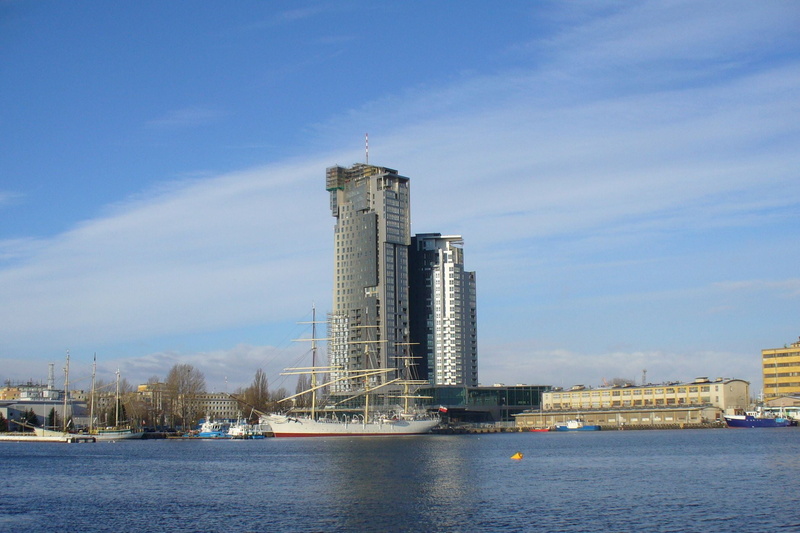 river, skyscraper, water, tall - high, building exterior, building, industry, waterfront, outdoors, Gdynia, office building exterior, nature, cloud - sky