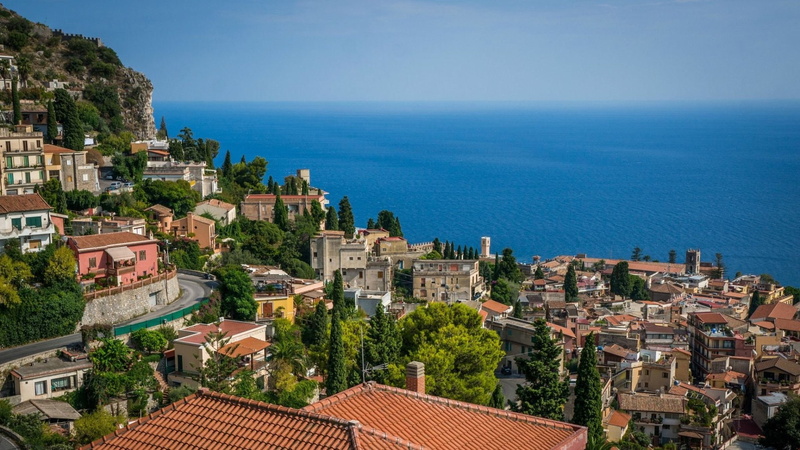 House, 1080P, Coast, Man Made, Village, Taormina, Italy, Horizon, Ocean