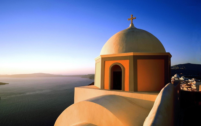 religion, fira, place of worship, mountain, no people, nature, sunlight, dome, building exterior, santorini, clear sky, travel destinations, w