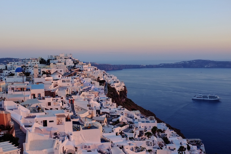 santorini, island, city, built structure, mode of transportation, outdoors, transportation, architecture, high angle view, town, nautical vessel, water