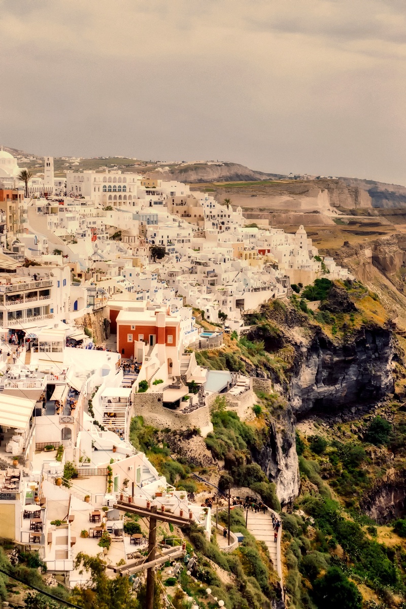 community, homes, building, clouds, townscape, urban, famous Place, mountain, town, building exterior, house, sky, nature, fira, day, houses, holiday, outdoors