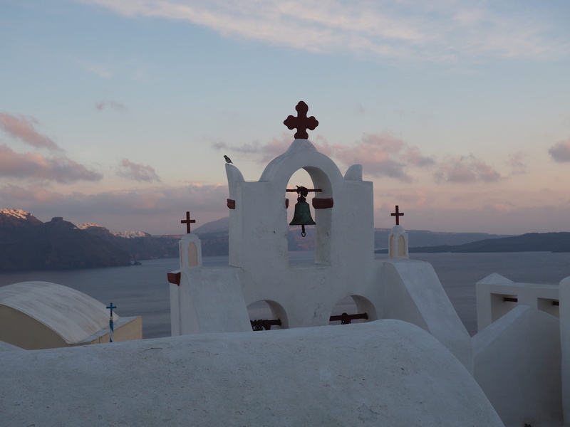 greece, fira, architecture, belief, cross, built structure, sky, 2K, white color, cloud - sky, outdoors, holiday, santorini, religion, sea, cyclades, nature