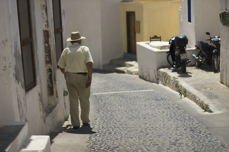 grandfather, full length, men, greece, rear view, walking, man, veteran, santorini, hat, building, old, world, one person, fira, 5K, real people, occupation