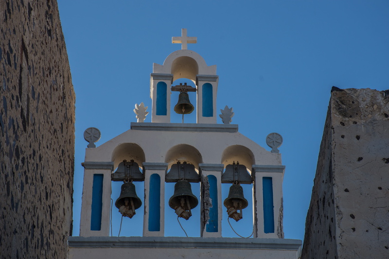 building, the past, people, structure, arch, church, architectural column, bell tower, tower, greek islands, fira, santorini, clock, belief, place of worship