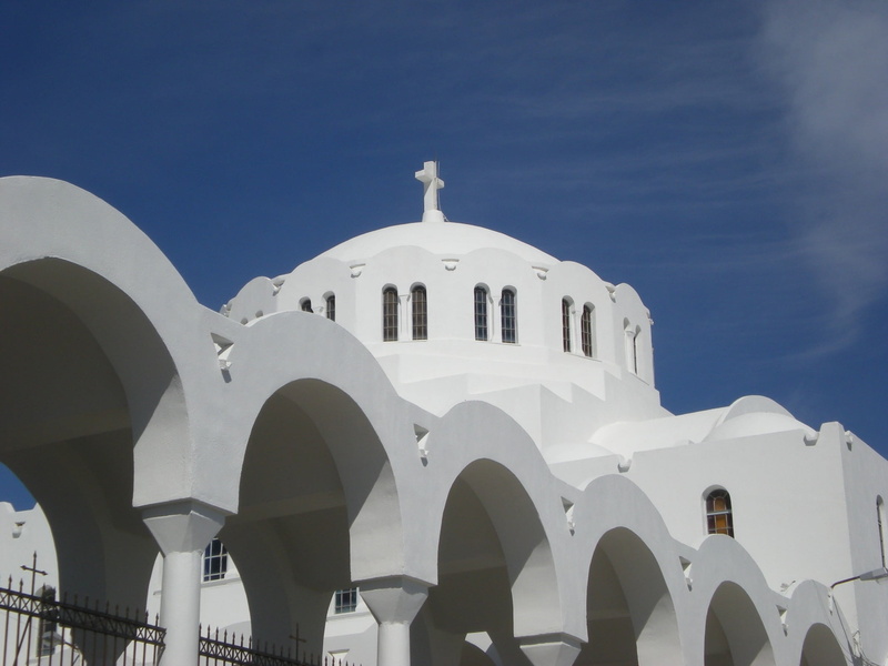 spirituality, outdoors, church, arch, white color, dome, religion, arched, building exterior, greece, no people, fira, built structure, santorini, blue