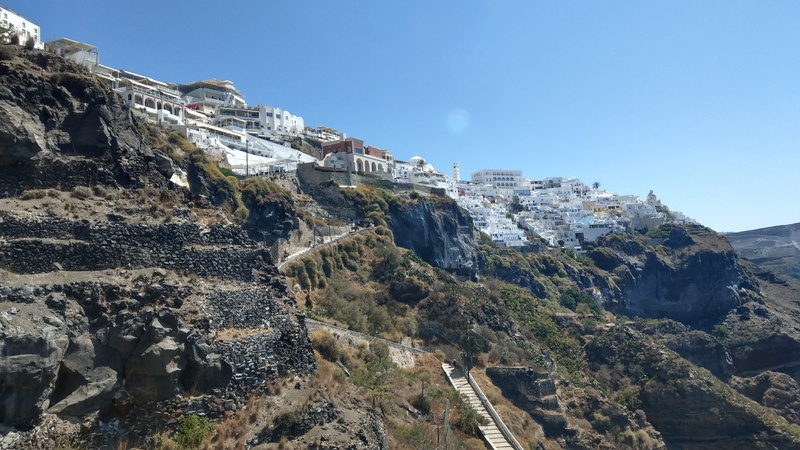 scenics - nature, fira, mountain peak, solid, tranquility, environment, clear sky, no people, beauty in nature, plant, low angle view, landscape, rock