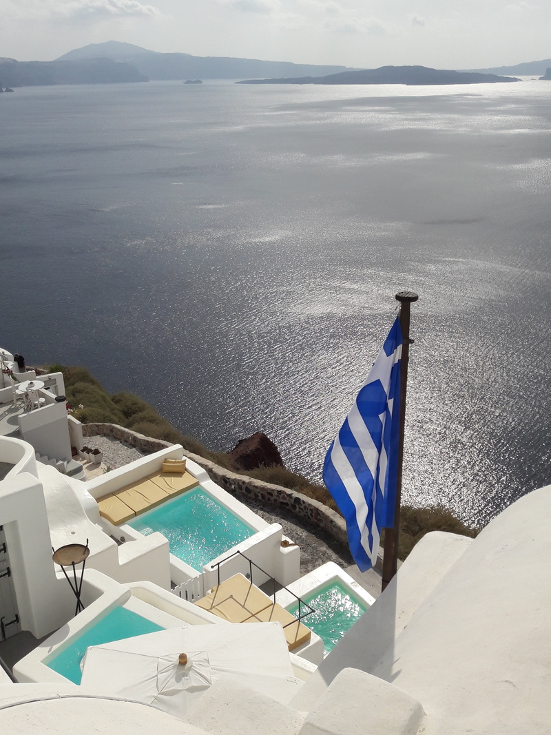 patriotism, beach, swimming pool, no people, nature, horizon over water, sky, outdoors, blue, travel, scenics - nature, sunlight, cyclades, beauty in nature