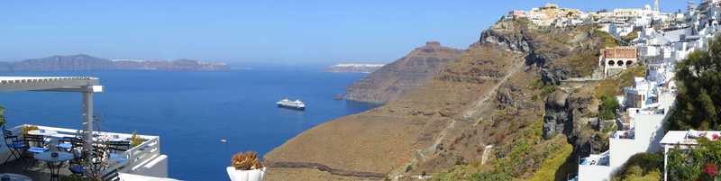 top, aegean sea, tourism, travel, atmospheric, water, Greece, fira, cruise ship, skaros rock, transportation, town, 8K, outdoors, land, architecture, Cyclades
