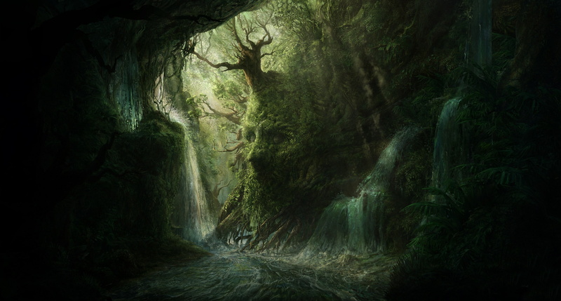 dark, forest, waterfall, 2K, river