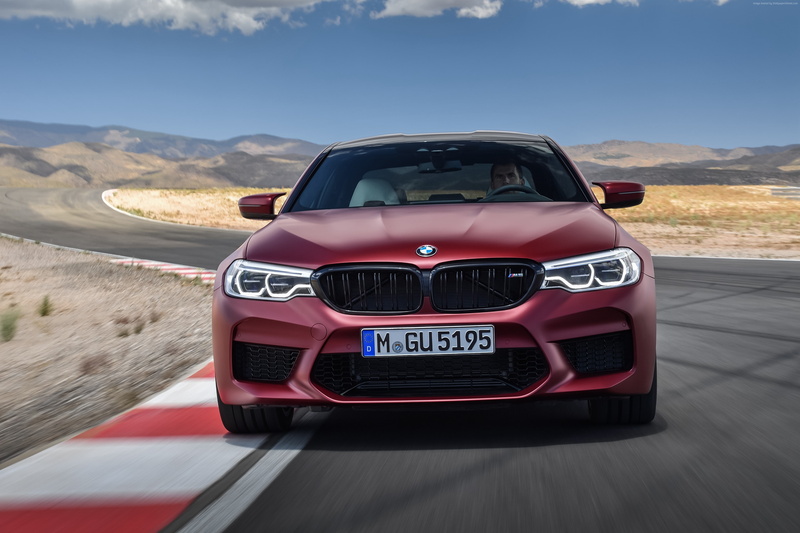 4K, nature, motor vehicle, sky, mountain, sunlight, day, travel, BMW M5 F90, no people, Cars 2018, road, transportation, 4k, outdoors, motion, land vehicle