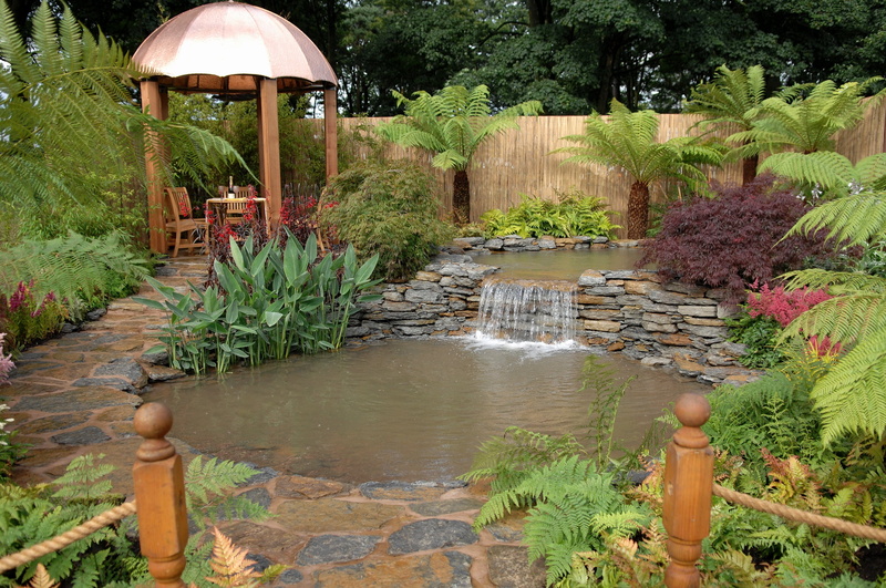 brown, pond, relaxation, tropical Climate, water, gazebo, landscape, stream, arbor, park - Man Made Space, garden, nature, formal Garden, outdoors, front or back yard