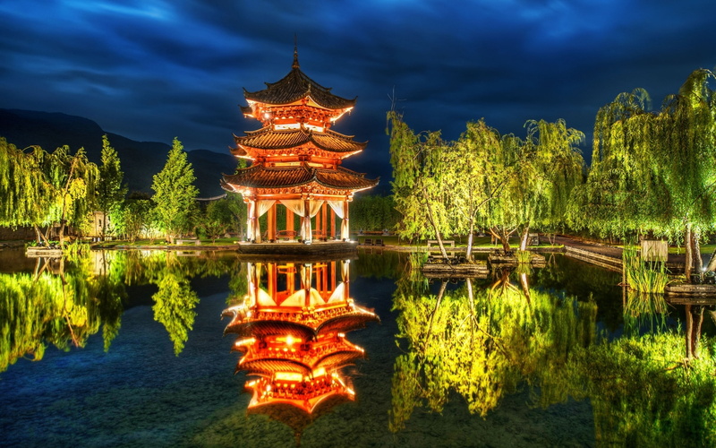 lake, arbor, china, light, 2K, trees