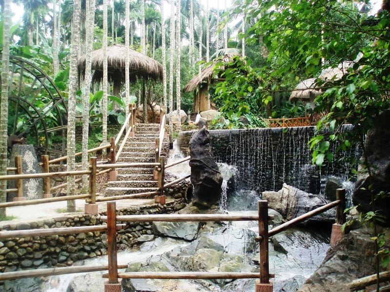 scenics, flowing water, growth, waterfall, summer, plant, stream, architecture, outdoors, falls, thailand, railing, solid, stones, protection, streams