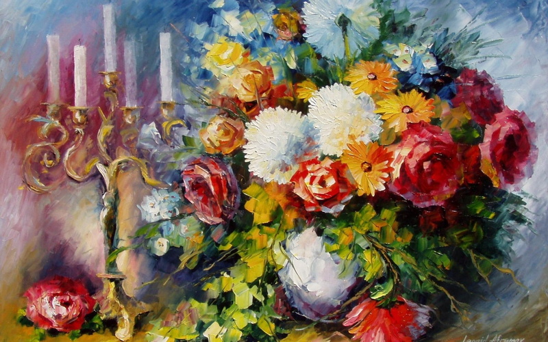 bouquet, leonid, vase, life, candles, afremov, 720P, art, flowers