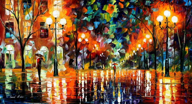 umbrella, Colorful, 720P, painting, Leonid Afremov, street