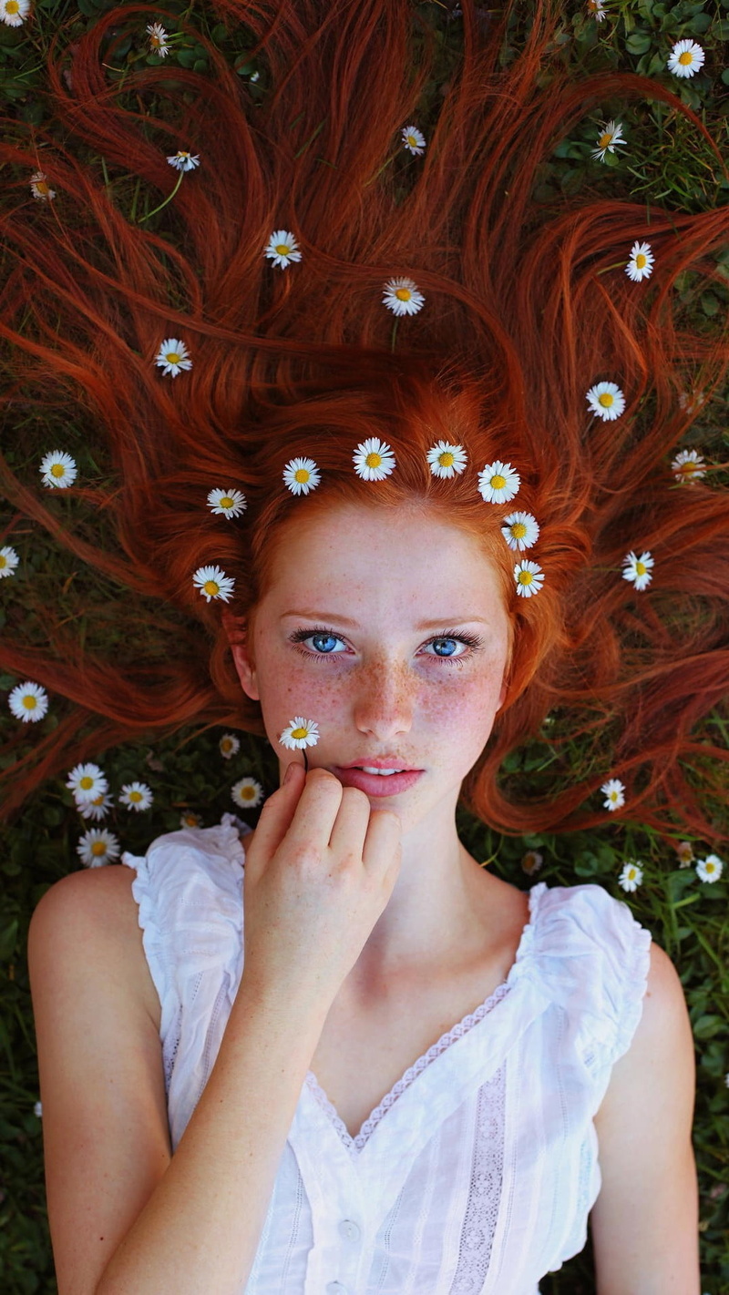 s, looking at camera, flowers, hair, long hair, one person, redhead, looking at viewer, women outdoors, front view, face, white, beautiful woman, smiling
