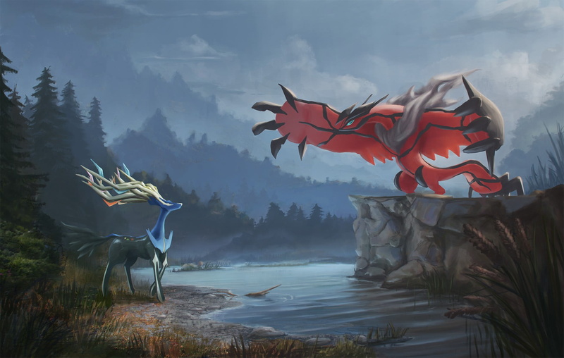 sky, tree, plant, pokemon, tranquility, scenics - nature, fog, non-urban scene, Pokémon, mountain, legendary, river, animal representation, land, video games