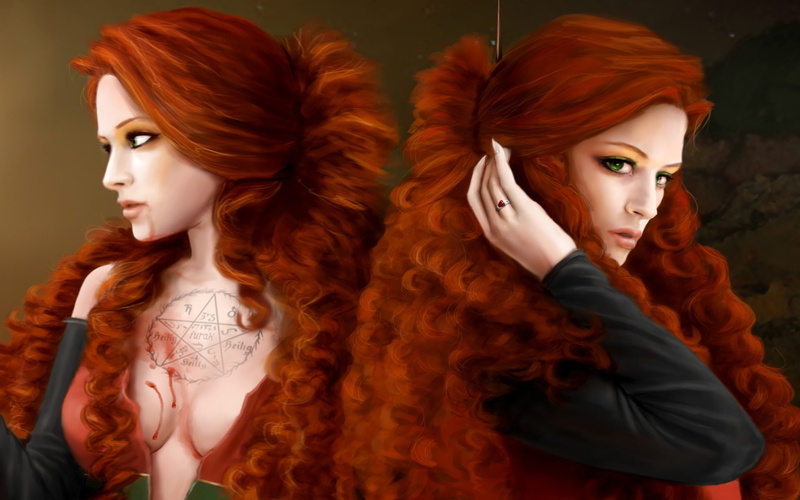 1080P, Girls, Eyes, Green, redhead, woman, Hair, Art, painting, Two, Brown, Fantasy